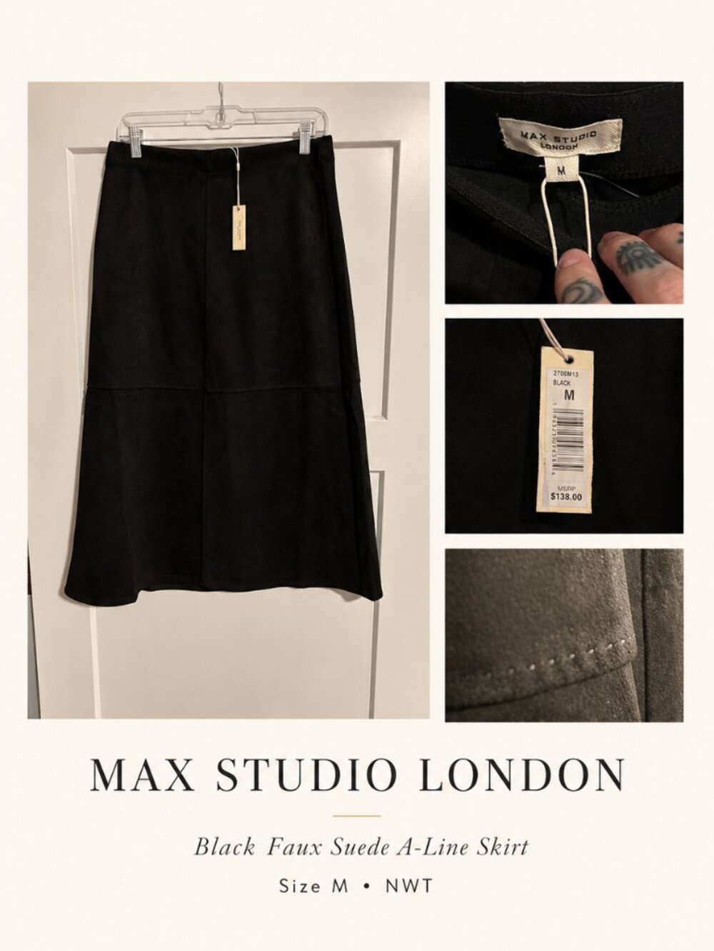 NWT Max Studio London Black Faux Suede A-Line Midi Skirt Size M $138